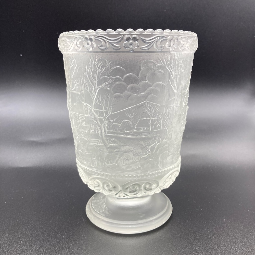 Vintage Fenton Handmade Satin Crystal Currier And Ives Farm Scene Vase/Candle Ho
